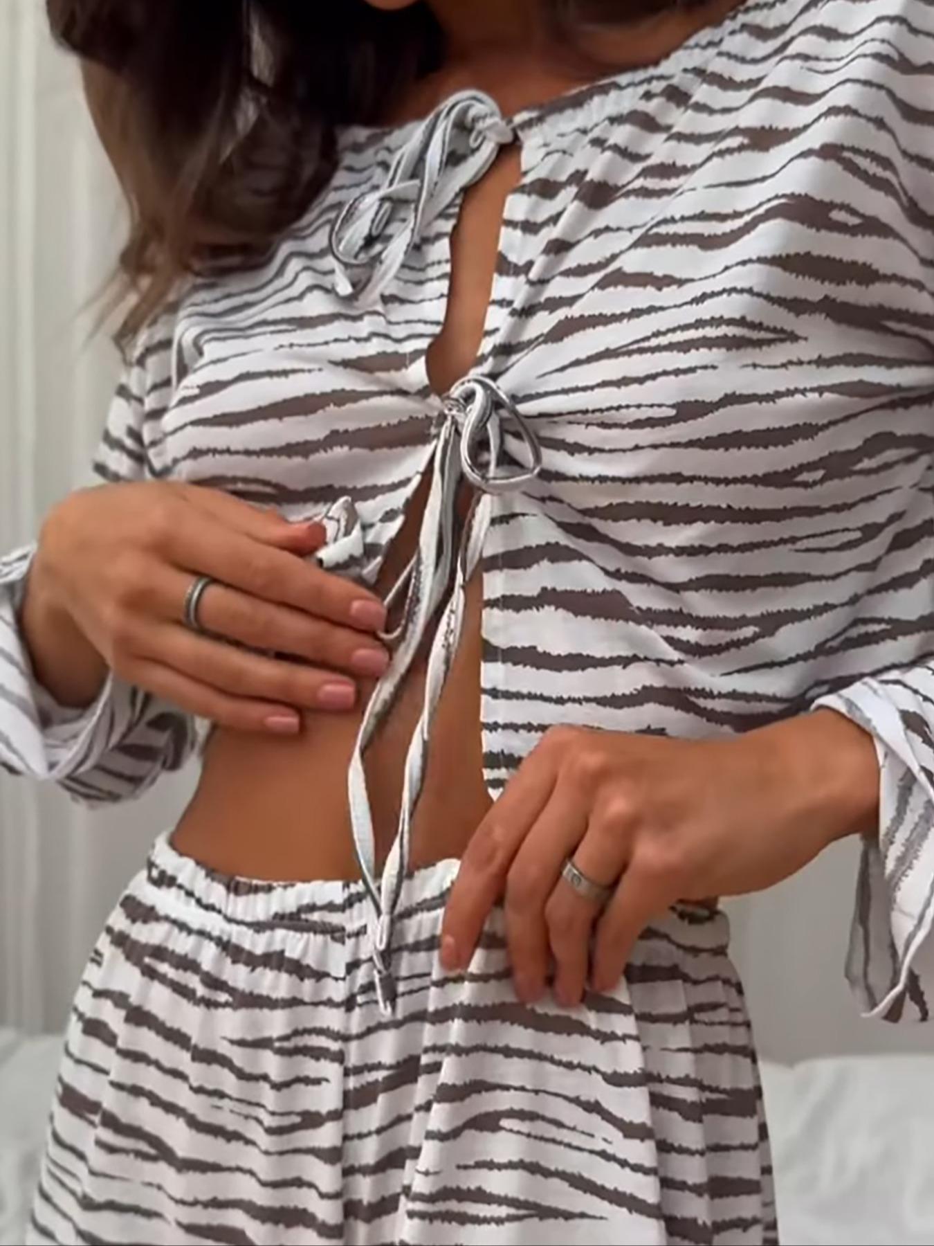 Two-Piece Set Women's Zebra Stripe Print Tie Front Crop Top & Elastic Waist Wide Leg Pants Pyjama, Casual Comfy Drop Shoulder Long Sleeve Top & Trousers PJ Set, Women's Sleepwear for Fall