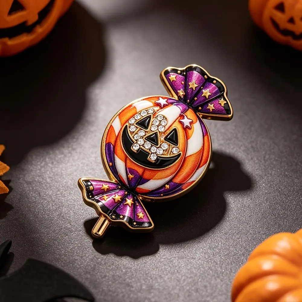 Cute Halloween Pumpkin Candy Glass Brooch, Rhinestone Devil Lamp Pin, Fashion Accessory Gift for Halloween Party