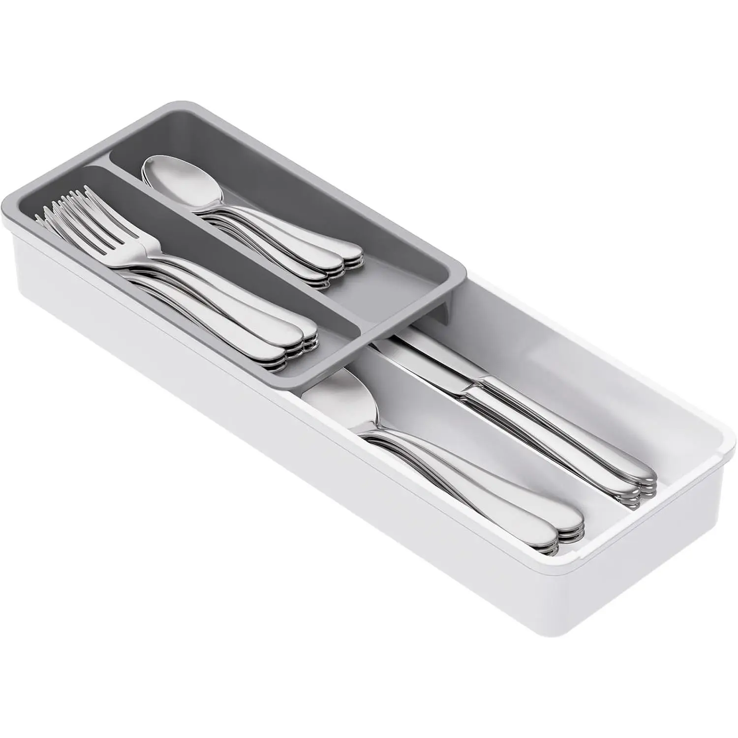 Compact Silverware Organizer for Kitchen Drawer, Narrow Flatware Tray Holder, Plastic Cutlery Spoons, Forks and  Storage, White&Gray, 1 Pack