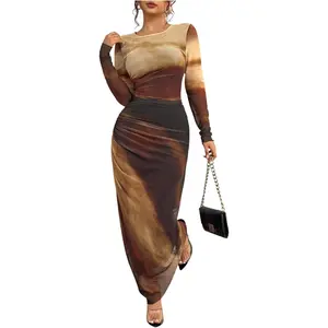 BEAUDRM Women's Fall Wedding Guest Dress Long Sleeve Cocktail Date Night Sexy Y2K Bodycon Ruched Mesh Formal Maxi Dresses