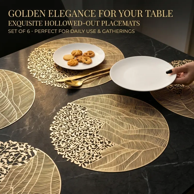 Set of 6 Gold Hollow Placemats, Round Non-Slip Vinyl Table Mats, Heat-Resistant Decorative Placemats, Perfect for Dining Tables, Kitchens, Parties, and Home Decor, Tableware, Decoration