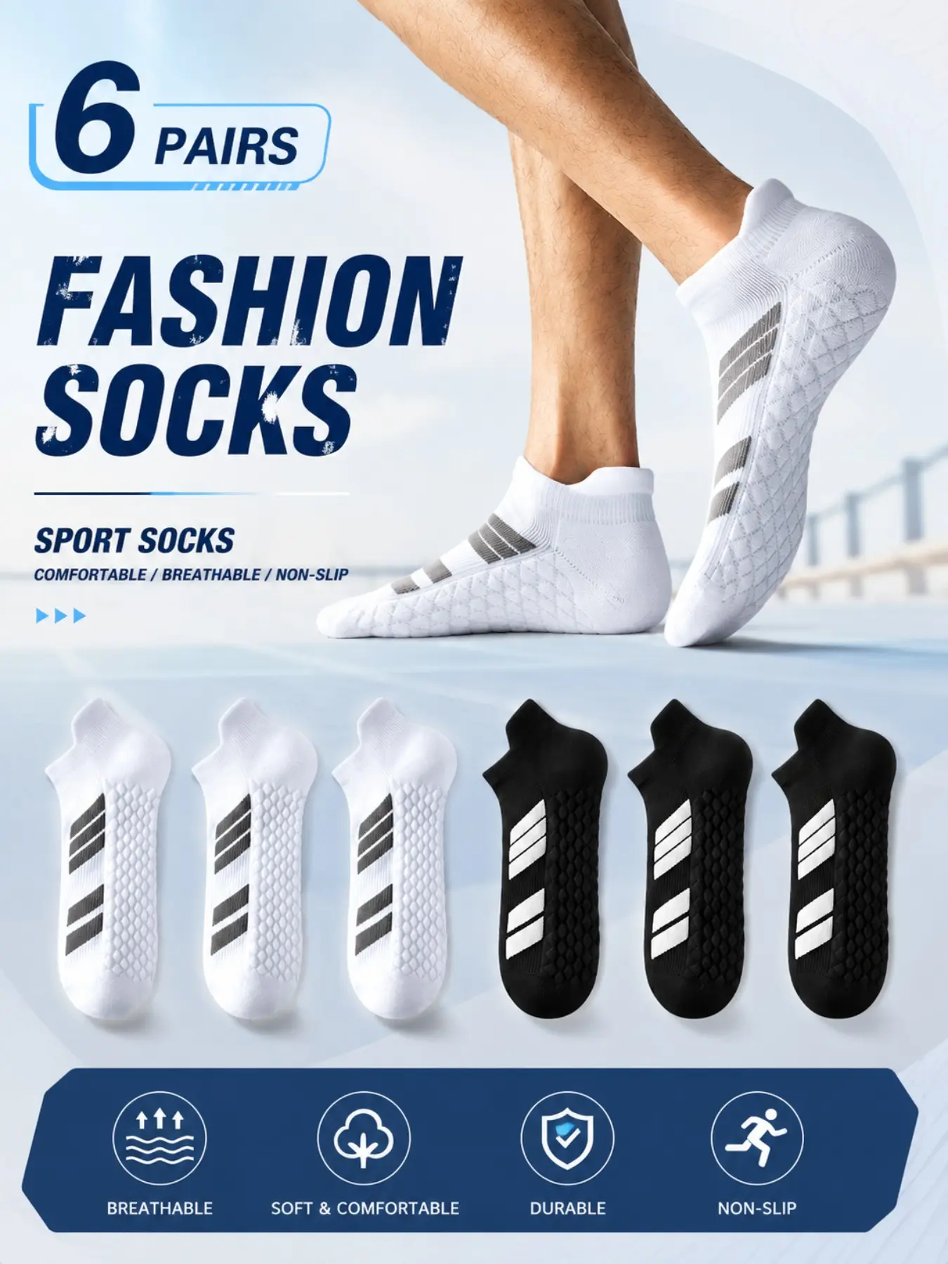 6 Pairs Unisex Sport Socks, Low Top Ankle Socks with Fuzzy Sole, Shockproof and Durable, Daily Socks, Workout Socks, Warm and Breathable for Fall Winter
