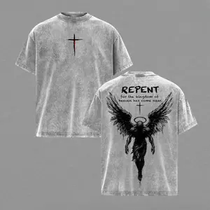 Repent Vintage Washed Oversized Christian T-Shirt, Angel Wings Faith Graphic Tee, "Kingdom of Heaven Has Come Near" Gospel Streetwear Top, Heavy Cotton Unisex Retro Worship Shirt