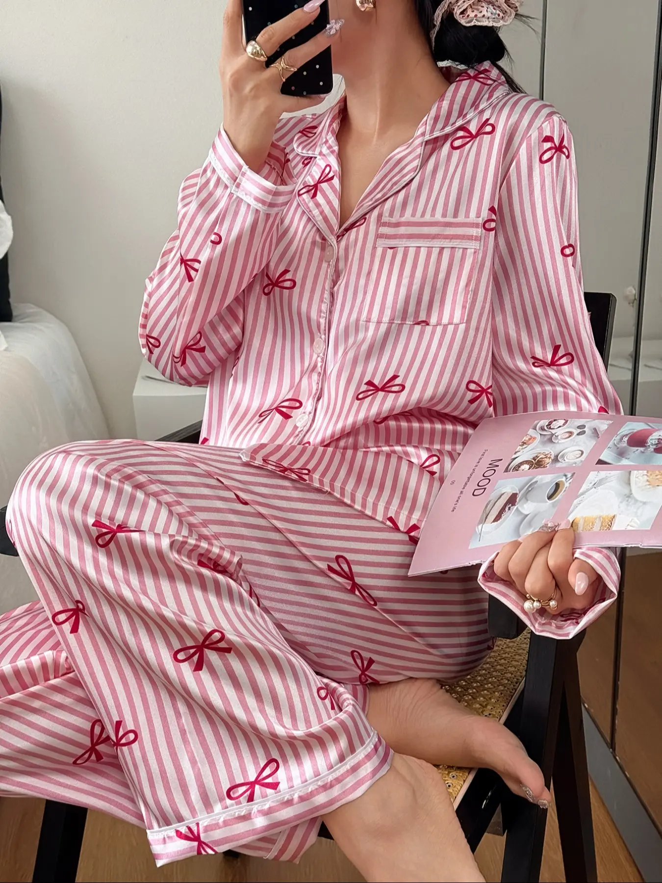 Valentine's Day 2-Piece Bow Stripe Printed Button Front Top and Elastic Waist Pants Set, Soft Fabric Long Sleeve Casual Women's Homewear Loungewear Nightwear Pajama