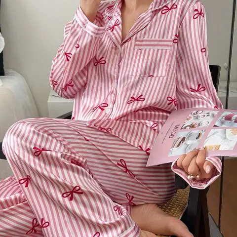 Valentine's Day 2-Piece Bow Stripe Printed Button Front Top and Elastic Waist Pants Set, Soft Fabric Long Sleeve Casual Women's Homewear Loungewear Nightwear Pajama Comfy Loungewear Set