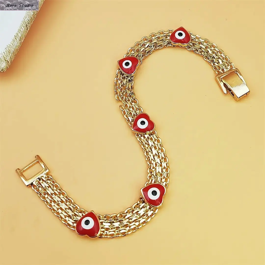 Women's Boho-Chic Evil Eye Beaded Bracelet - Luxe Wide Golden-Tone Copper Chain, Red Bead Charms, Adjustable Beaded Design, Stackable Bracelets, Durable Protection Symbol, Sports Wristband Gift, Trendy Jewellery Accessories, Stainless Steel Jewelry, Anniv