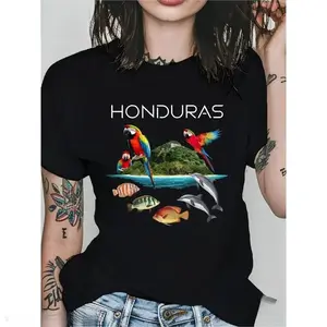 Women’s Honduras Island Life Graphic Black T-Shirt, Crew Neck Comfort Fit Short Sleeve Casual Tee