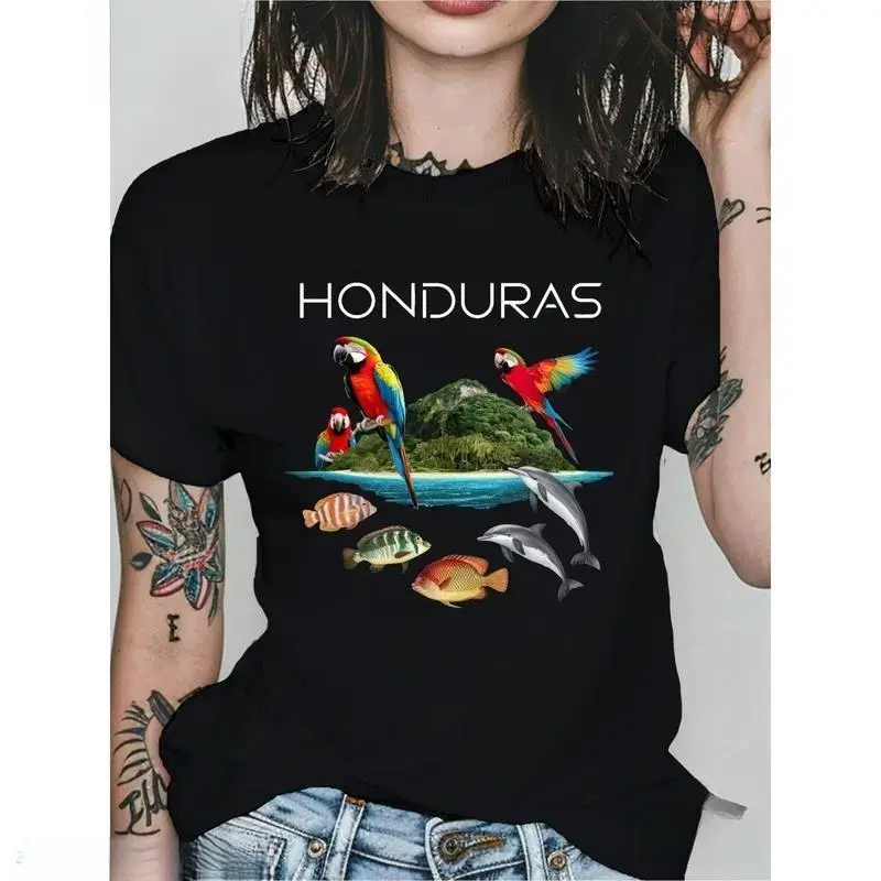 Women’s Honduras Island Life Graphic Black T-Shirt, Crew Neck Comfort Fit Short Sleeve Casual Tee