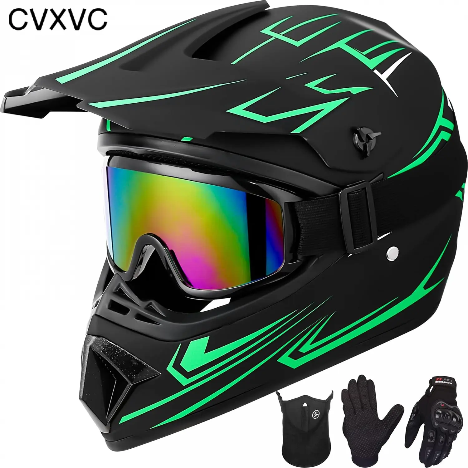 CVXVC Motocross Helmet for Youth and Kids, DOT Certified 4-Piece Full Face Helmet Set with Goggles, Gloves & Mask, Quick-Release Buckle for Dirt Bike, ATV, BMX and Off-Road Riding, High-Density EPS Liner and Breathable Interior, Sizes S-XL