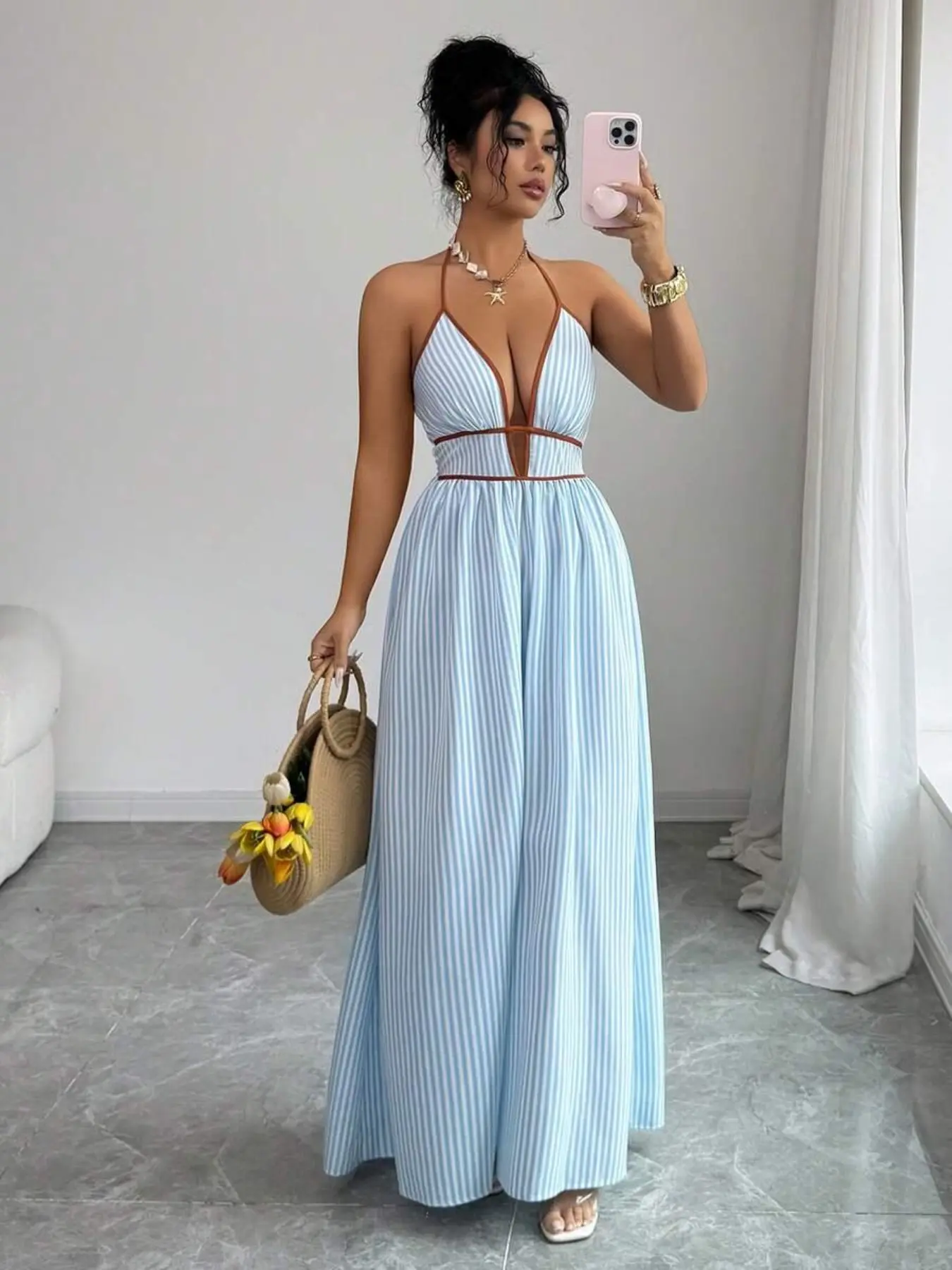 Women's Tropical Vacation Striped Deep V Neck Sexy Halter Dress, Sleeveless Spaghetti Strap, Summer, Elegant Chic Style, Unlined Plain Surface, Perfect for Resort Wear