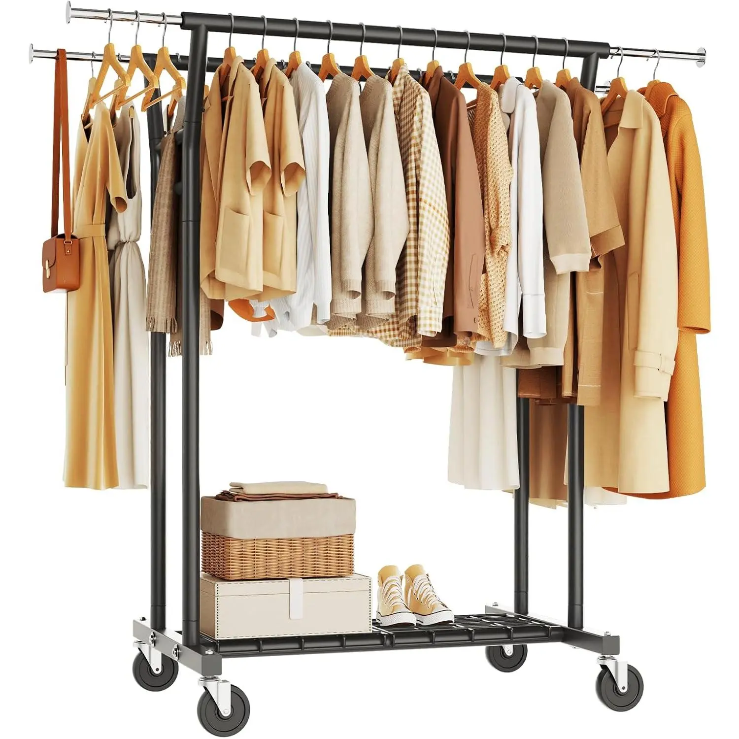 Heavy Duty Clothes Rack, Rolling Clothing Rack for  Clothes with Shelves Load 700LBS,Portable Garment Wardrobe Closet Rack with Wheels for Bedroom,Laundry Room,Retail Store,Black