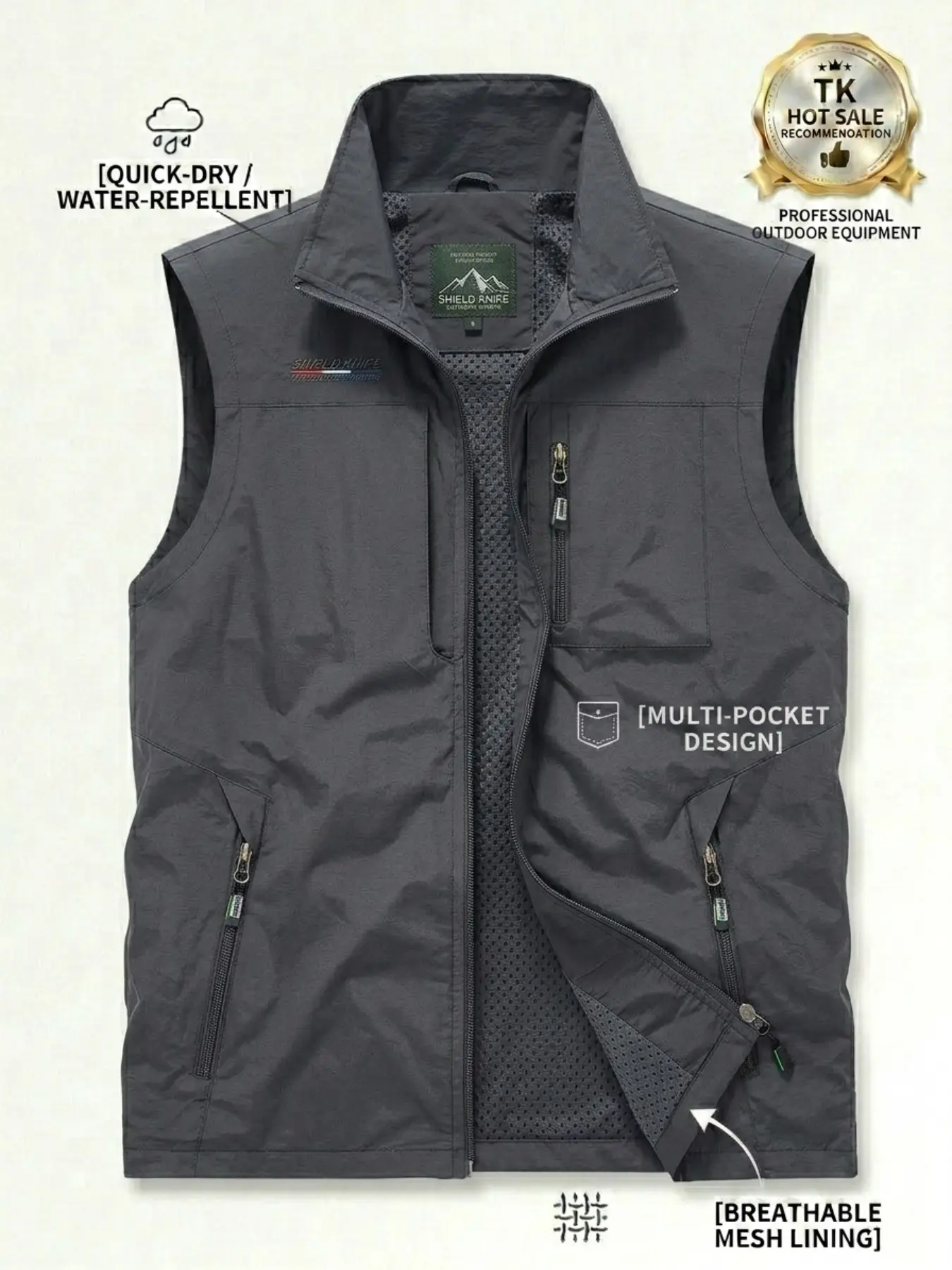 Men's Multi-Pocket Outdoor Sleeveless Sport Vest, Quick-Dry Windproof, Lightweight Breathable, High-Density Mesh Lining, Ideal for Fishing/camping/hiking