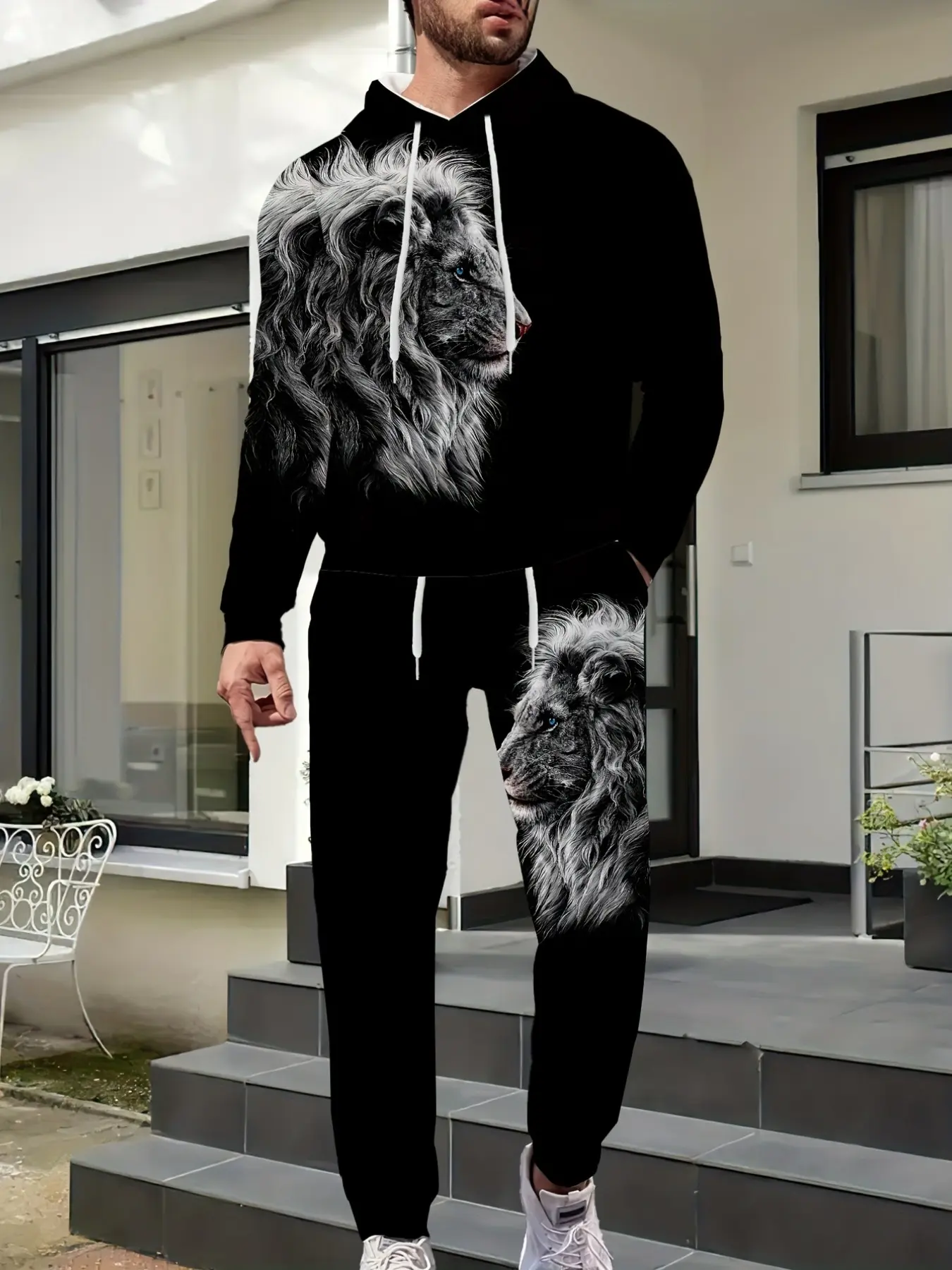 Men's 3D Lion Print Hoodie and Pants Set, Casual Fall Winter Sweatshirt, Long Sleeve Slim Fit, Base Realistic Lion Portrait