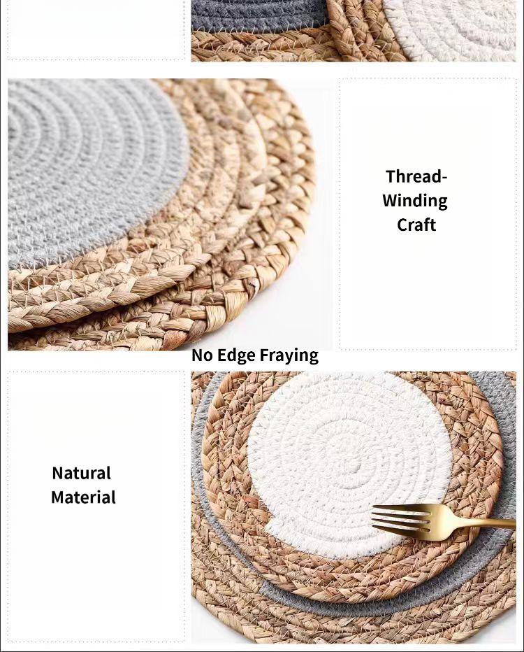 Warm-toned natural grass woven placemats, cotton rope heat-insulating placemats, decorative forest-themed coasters and plate mats