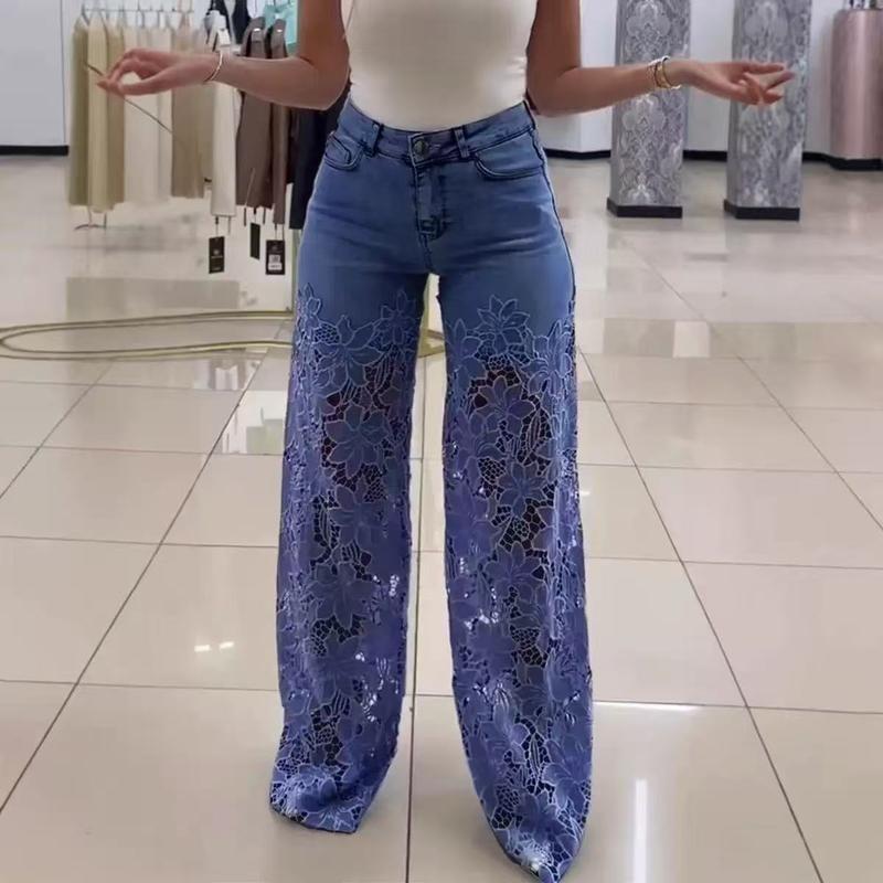2026 High-Waisted Wide-Leg Women’s Pants – Fashionable, Elegant, Versatile Hollow Lace Patchwork Drape Denim Jeans