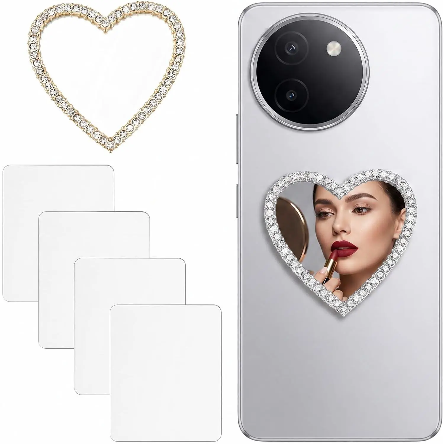 6 count Mirror Decal for Phone Case, Rectangle and Heart Shaped Rhinestone Stickers with Protective Film, Self-Adhesive Makeup Mirrors for Cellphone , Slim Travel Accessory