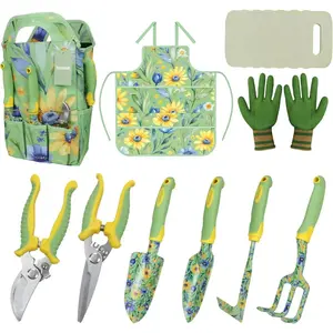 10-Piece Garden Tool Set – Green Floral Print Gardening Hand Tools with Non-Slip Handles, Heavy Duty Rust-Proof Aluminum Tools, Organizer Tote Bag, Ideal Gardening Gifts for Women & Grandma