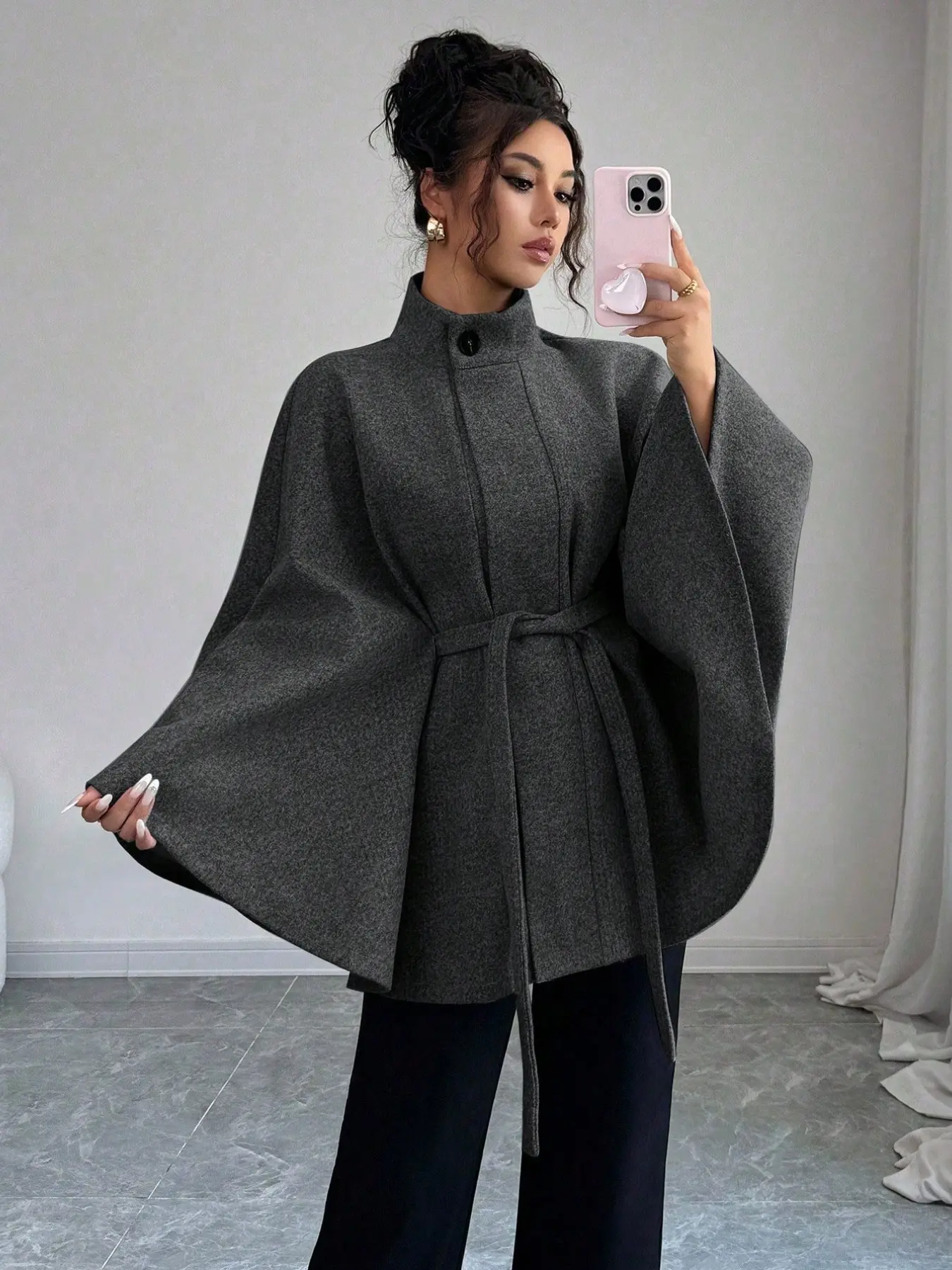 Elegant Women's Cape Coat, Belted High Neck Outerwear, Bat Sleeve Jacket, Minimalist Fashion, Fall Winter Style, Casual Street Wear, Office Attire