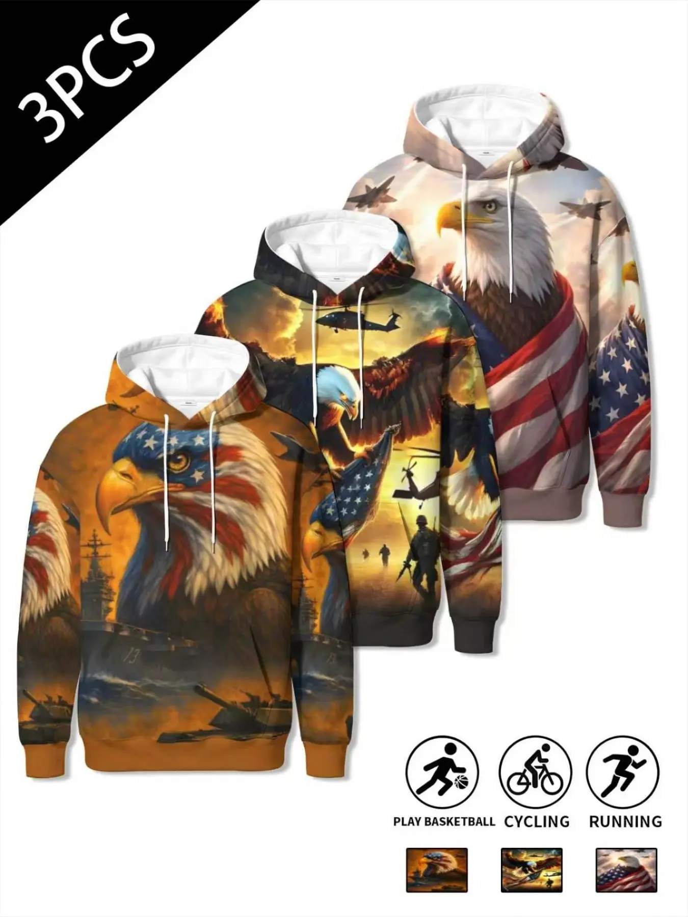 3-Piece American Military Patriotic Full-Print Hoodie Set, Armor Gear Bald Eagle Retro Star Spangled Trendy Pullover Hoodies