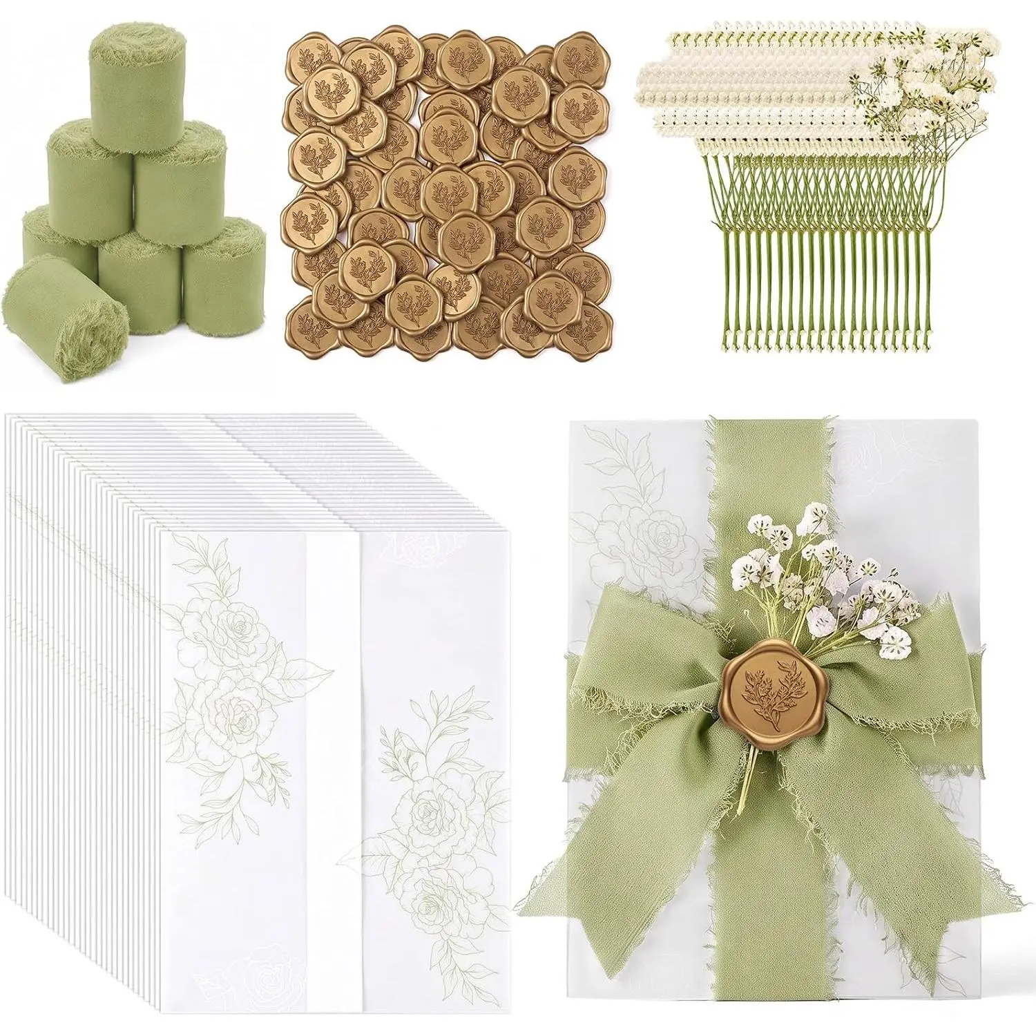 30 Sets Wedding Invitations Wraps Set Pre Folded Vellum Jackets for 5 x 7 Invitations Dried  Wax Seal Stickers Chiffon Silk Ribbon for Wedding Birthday Bridal Shower (Light Green)