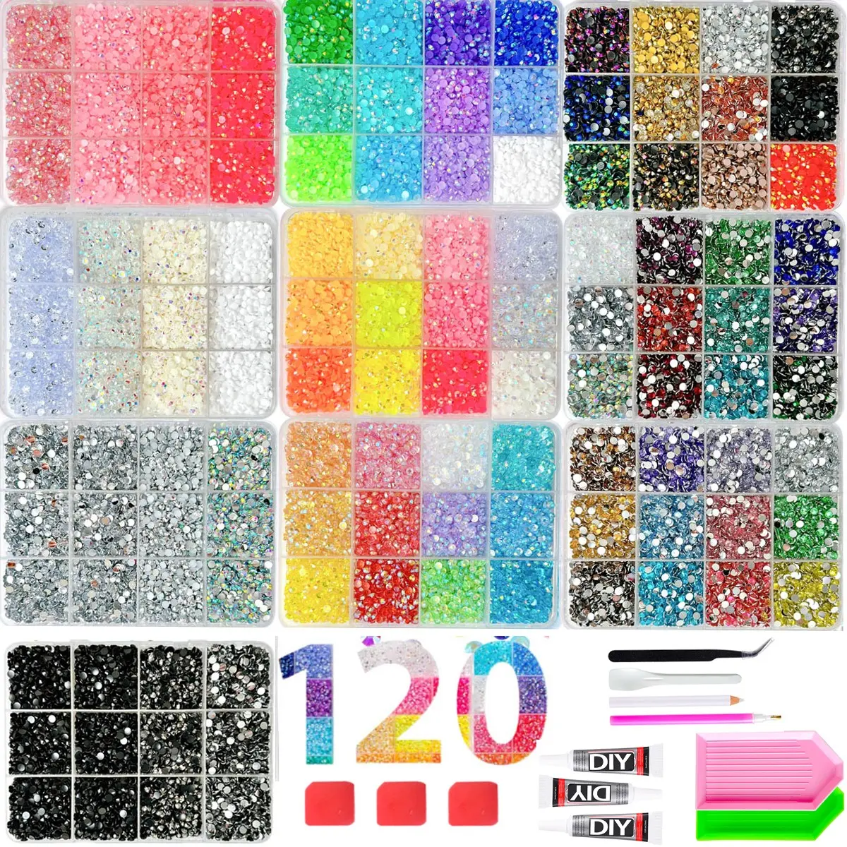 1 Set 10 Boxes 120 Grid Rainbow Nail Art Rhinestones Kit, Flat Bottom Glass Drills DIY Nail Accessories, Includes Tools, Essential for Nail Salons。It is ideal for bulk stock in nail salons and mass creation by craft creators,。Halloween Birthday for  Women