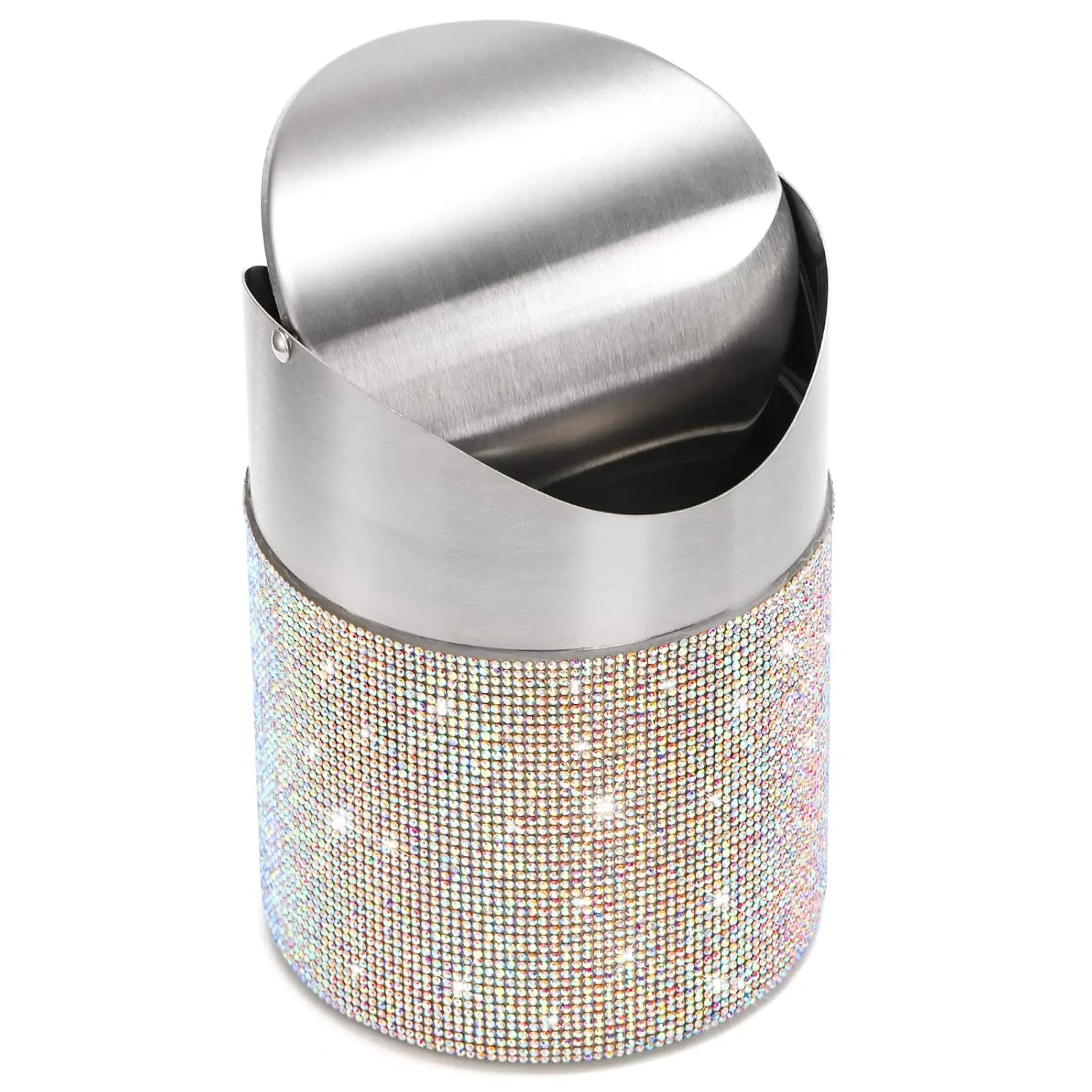 Countertop Trash Can, 1.5 Liter Bling Rhinestone Garbage Bin with Swing Lid for Home, Office, Vanity Tabletop, Bedroom, Bathroom