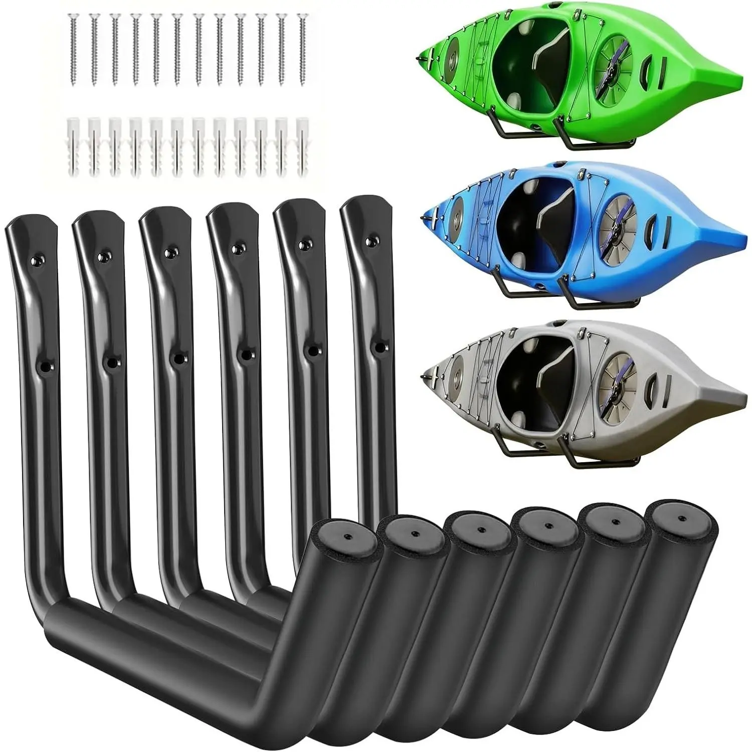 15" Wall Mount Kayak Storage Rack, 6pack Heavy Duty Garage Storage Kayak Hooks for 3 Kayaks, Suitable for Hanging Ladders Bikes