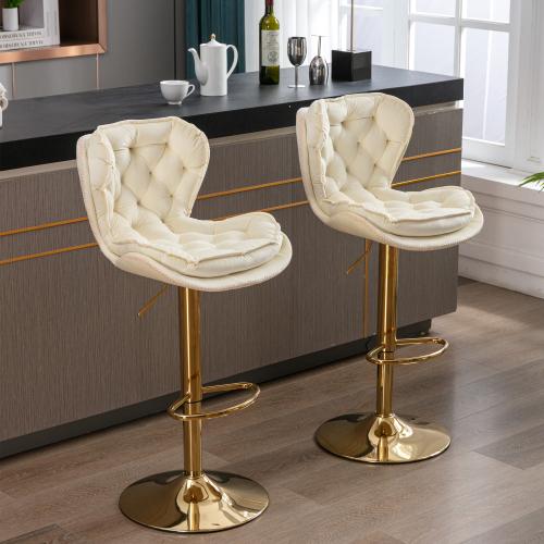 Set of 2  Bar Stools,with Chrome Footrest and Base Swivel Height Adjustable Mechanical Lifting Velvet + Golden Leg Simple Bar Stool-blue
