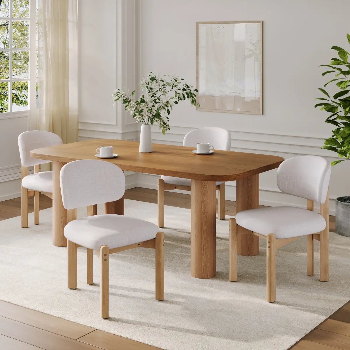 Set of 4 Beige Cushioned Scandinavian Dining Chairs - Wooden Framing, Natural Finished, Upholstered Indoor Furniture, Chairs Wooden Framing Dining, Cushioned Dining Chairs