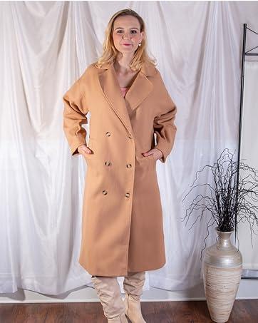 Women's Long Coat Notched Lapel Collar Double Breasted Pea Coat Winter Elegant Wool Blend Over Coats Jackets