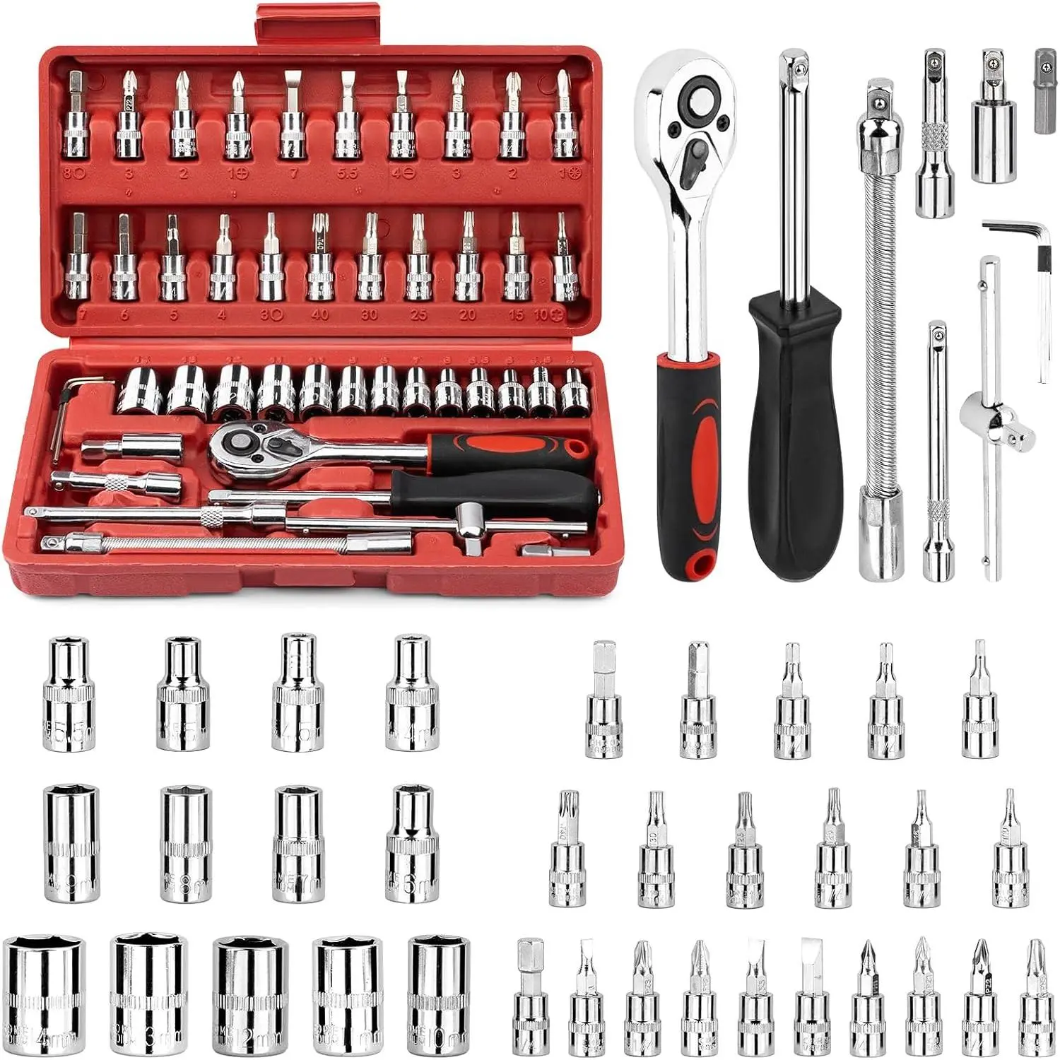 Socket Set, 46 count 1/4 Inch Drive Socket Wrench Set, Ratchet Wreches Set with Bit Socket Set Metric & Extension Bar for Auto Repairing and Household, with Storage case