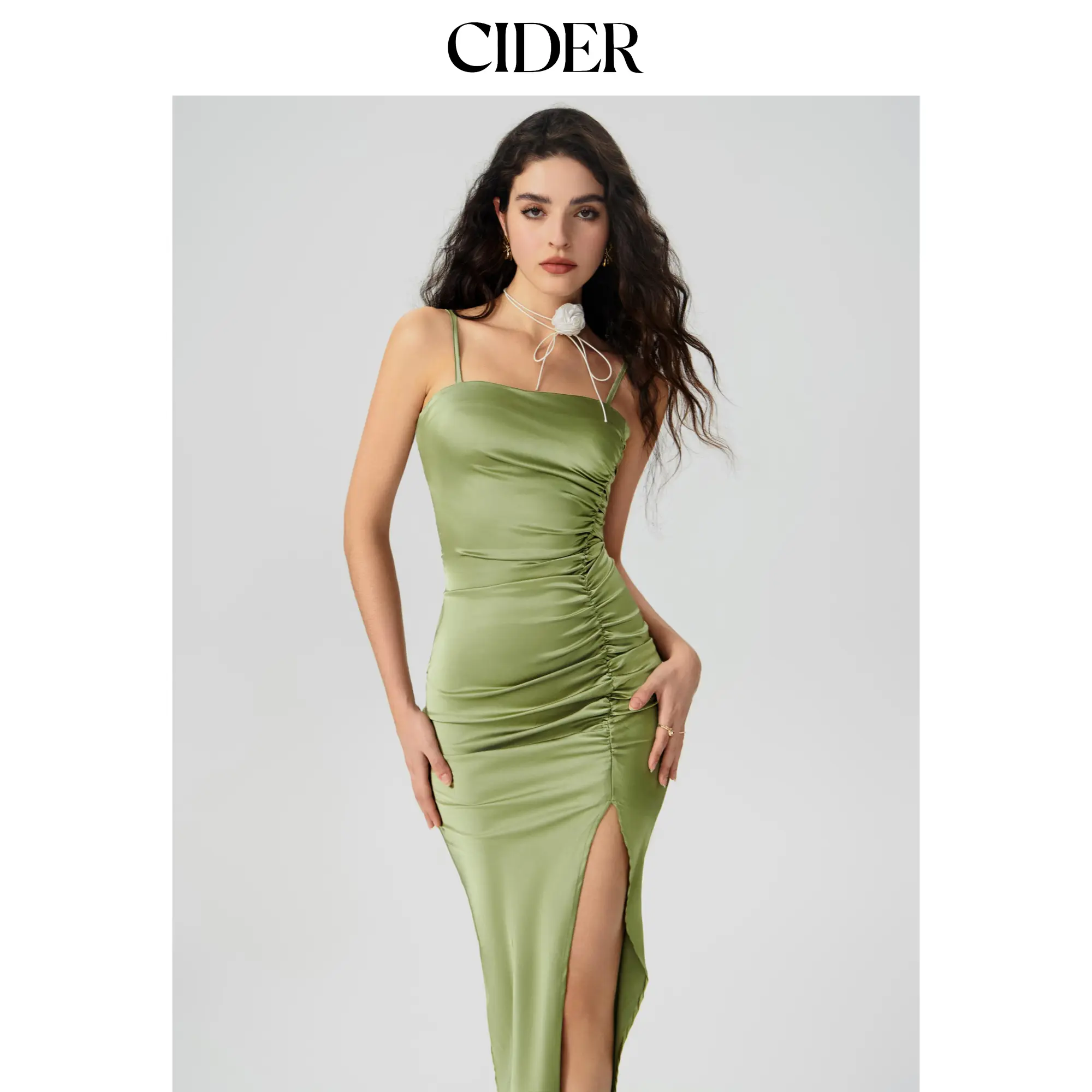 Cider Solid Satin Ruched Split Midi Cami Dress