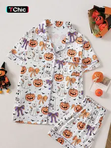Women's Halloween Pajama Set, Ghost Pumpkin Print, Fitted Casual Style, Short Sleeve Top & Loose Shorts, Comfortable Sleepwear