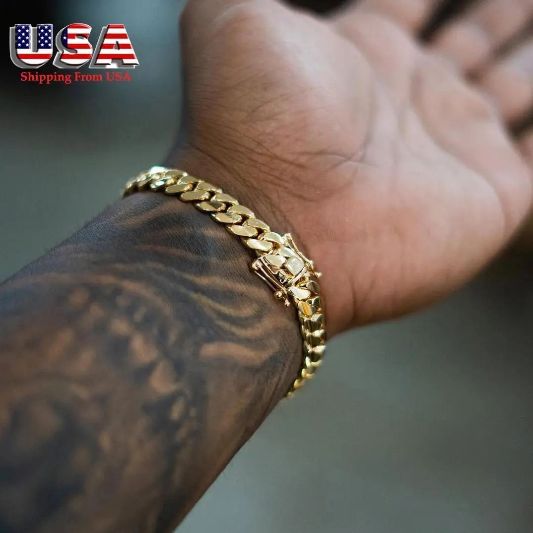IH 8mm Thick Miami Cuban Link Bracelet 18K Gold Plated Stainless Steel Box Clasp Chicano Hip Hop Men Women Daily Wear Gift