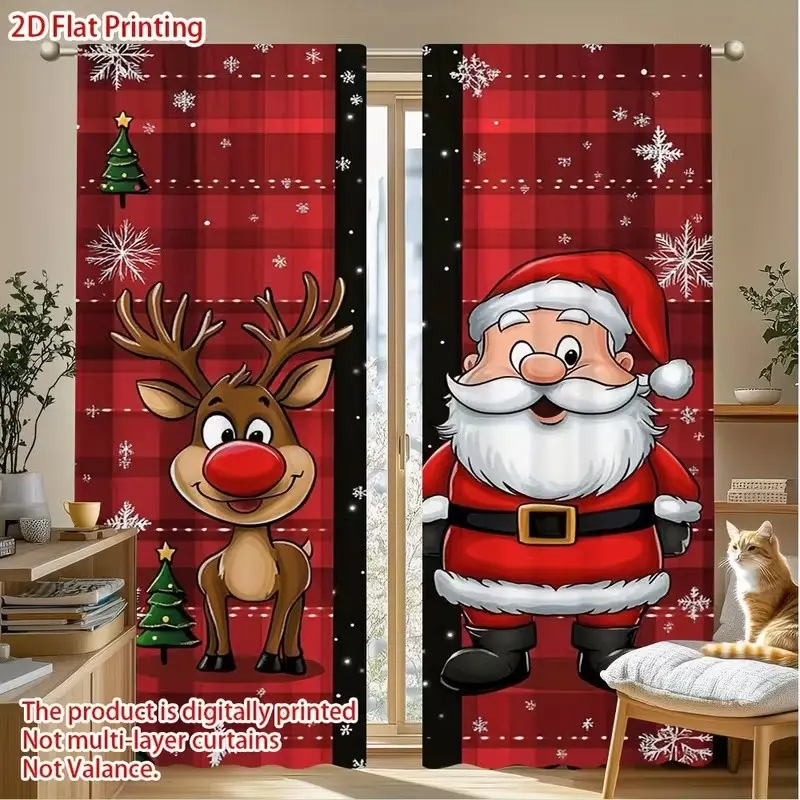2pcs Polyester Christmas Theme Window Drapes, Santa & Reindeer Pattern Rod Pocket Curtains, Bedroom & Living Room Decor, Festive Home Decoration