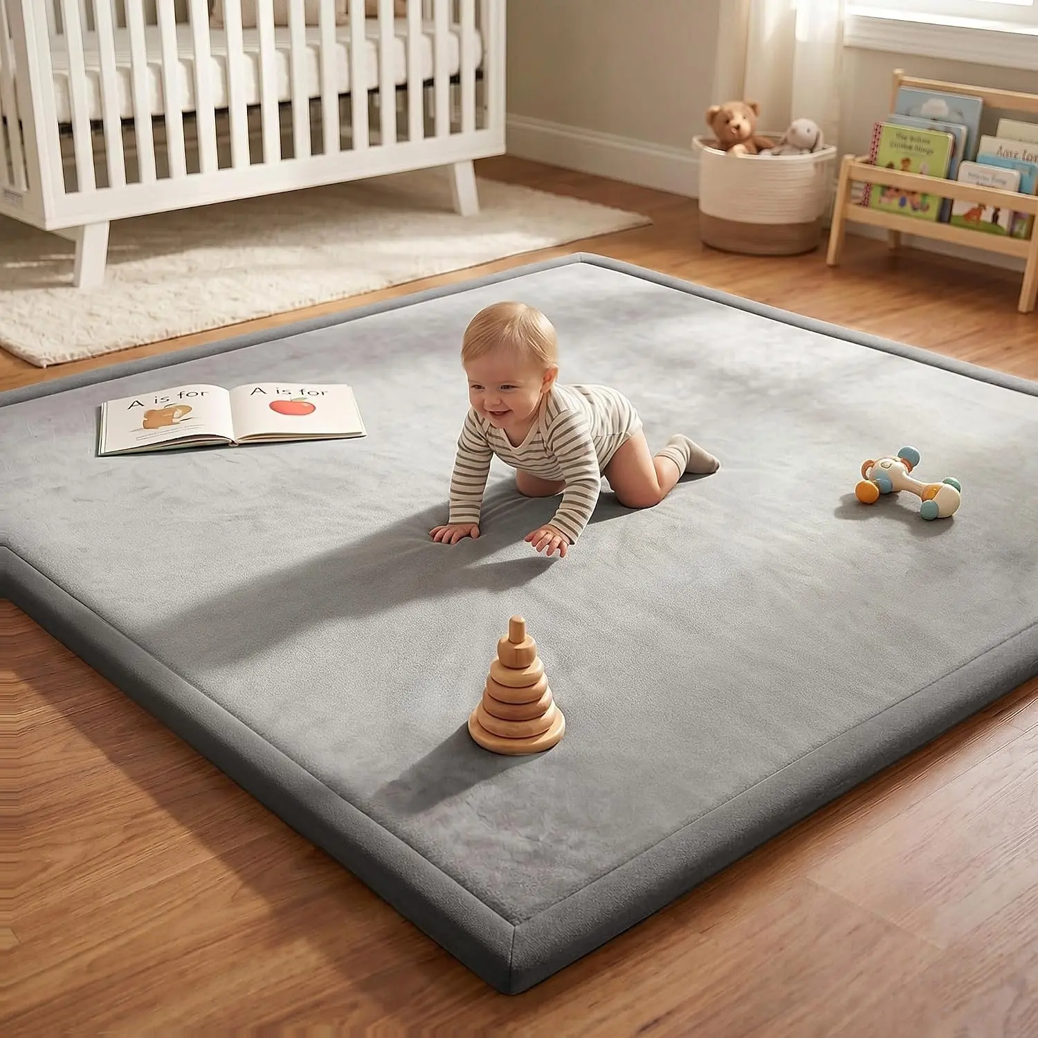 50x50 Playpen Mat 1.3" Thick Memory Foam Baby Play Mats for Infants Floor Crawling, Toddlers Tummy Time, CloudSoft Velvet Non Slip Cushion, Play Pen, Living Room, Playroom, Tatami Style, Grey