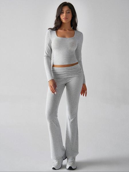 Women's Solid Color Square Neck Crop Tee & Flare Leg Pants Two-Piece Set, Casual Fashion Cozy Two Piece Outfits for Daily Outdoor Wear