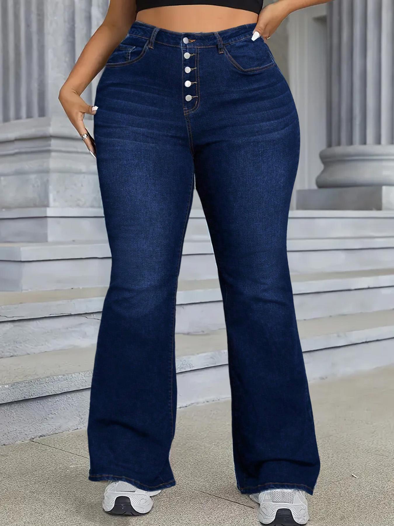 【Plus Size】 Flared High Waist Solid Color Button Fly Flare Leg Jeans, Casual Comfy Pocket Bell Bottom Denim Trousers for Daily Wear, Women's Bottoms for All Seasons