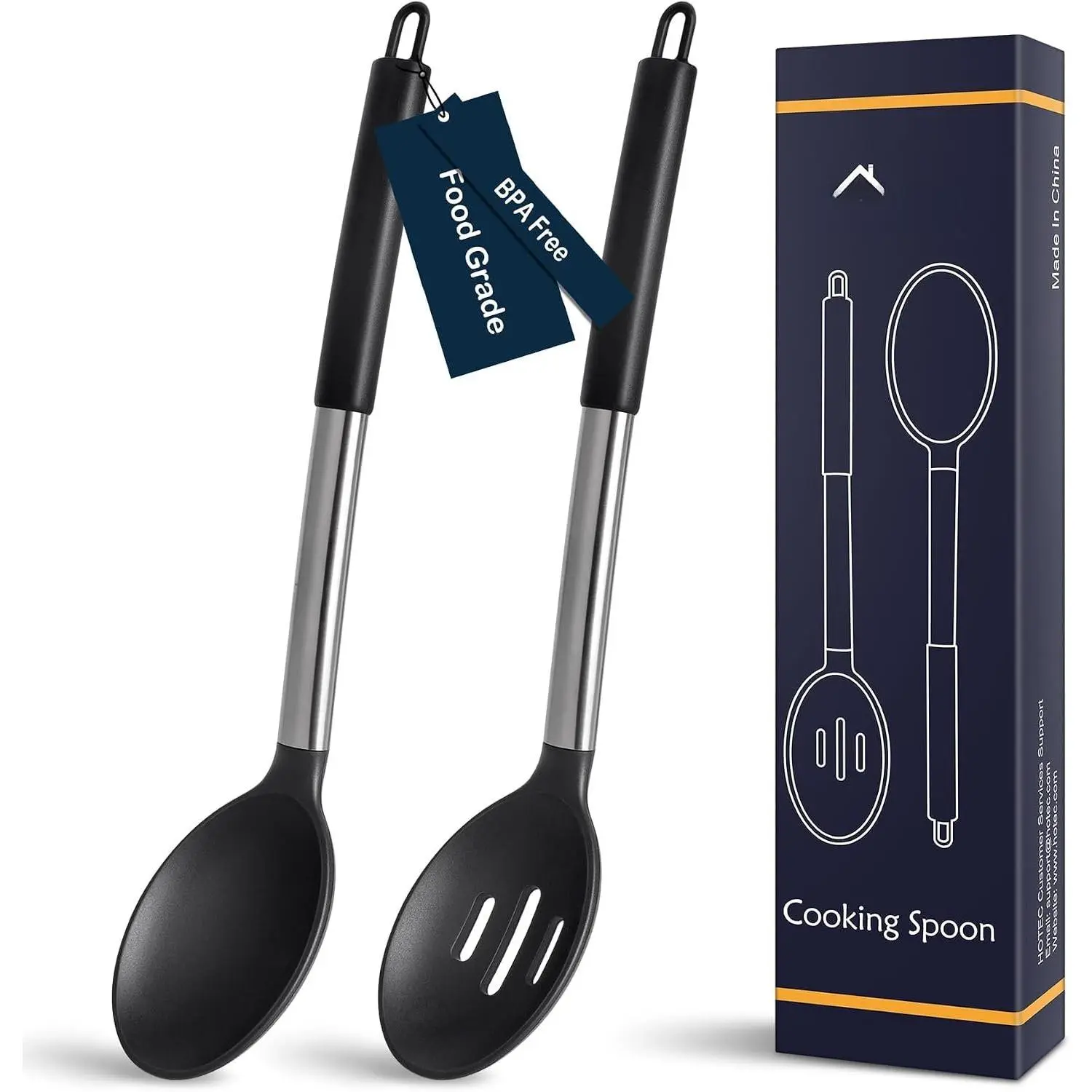 446°F Heat Resistant Large  Cooking Spoon,  Solid Slotted Spoons, Nonstick Kitchen Cookware Utensils, Mixing, Serving, Stiring Large Spoons, Black