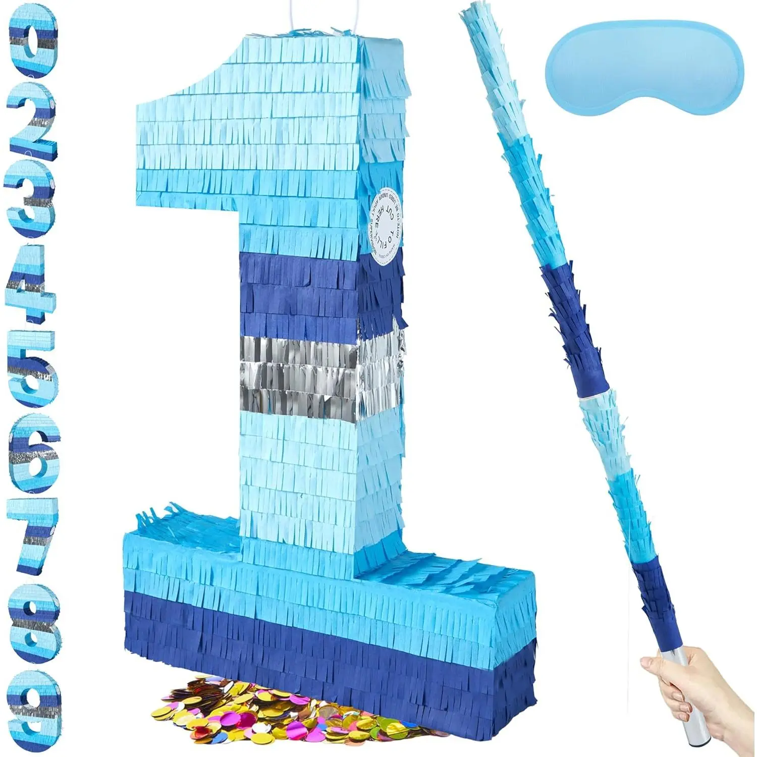 Women's Number Print Shape Piñata Set (20x13.3x3 in, Blue-Silver) with 30-in Reusable Stick, Blindfold, Confetti, Hanging Loop, Bra Accessories for Birthday Party Decorations, Anniversary Gifts