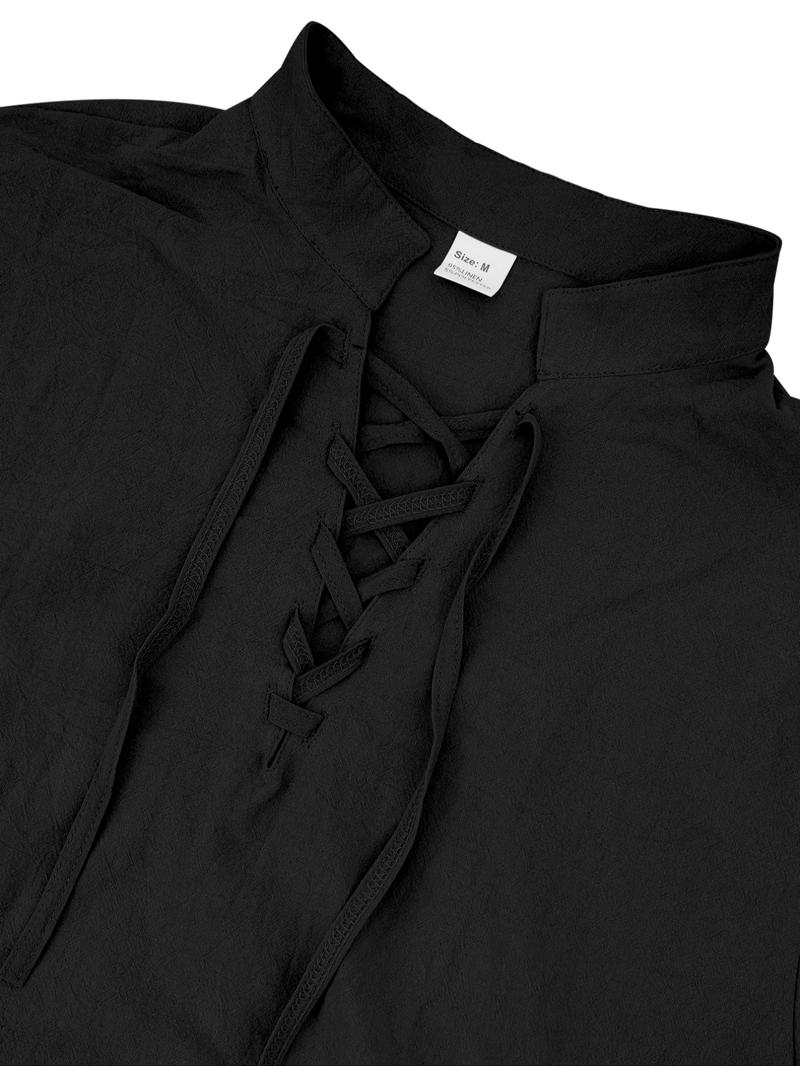 Men's Lightweight Breathable Linen Shirt, Drawstring Collar, Unique Design, Casual Plain Long Sleeve Polo, Perfect for Daily Commute Spring Fall Men's Clothing