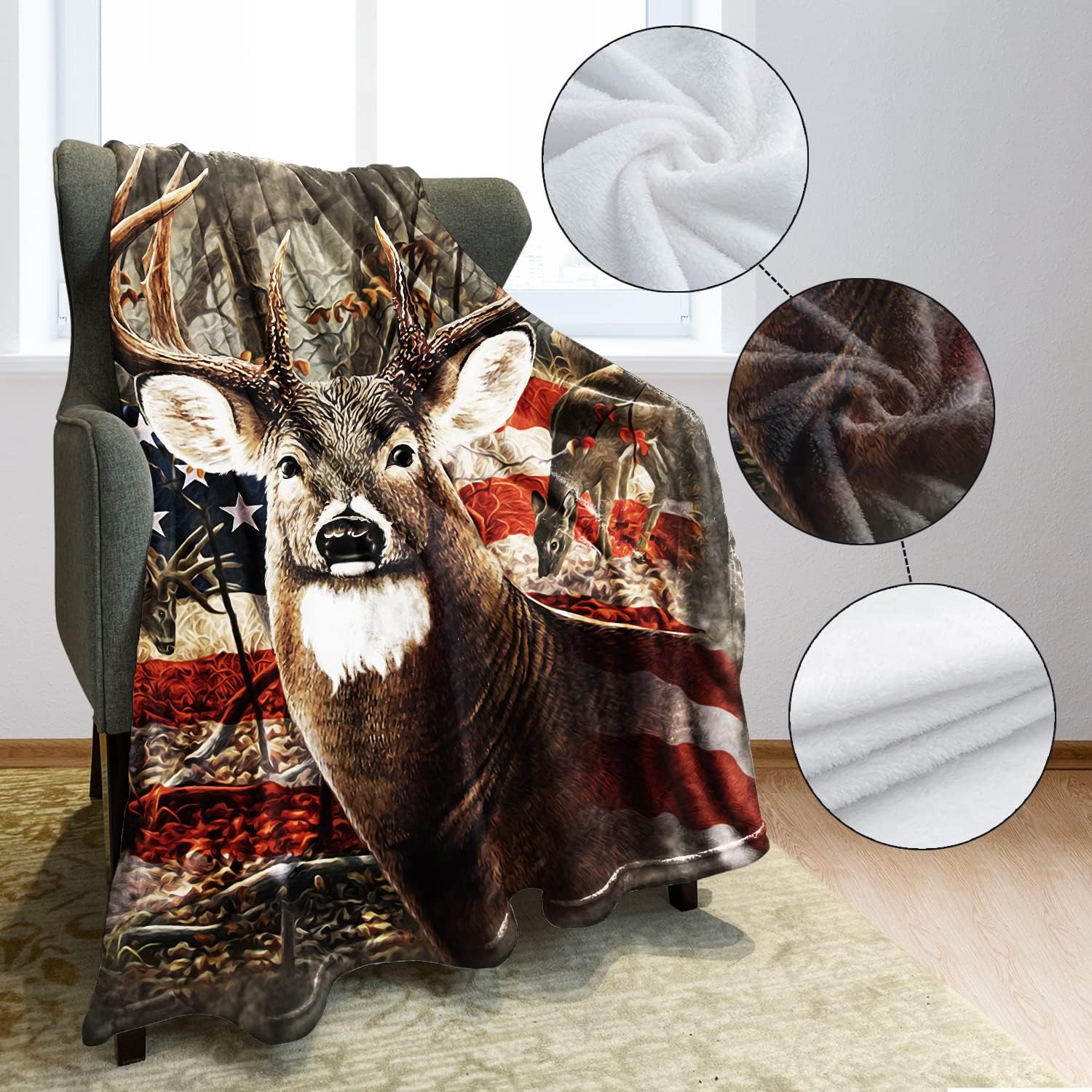 Deer & Flag Pattern Flannel Camping Blanket, Soft Warm Throw Blanket, Air-conditioned Room Blanket, Bedding Supplies for Home Office Travel