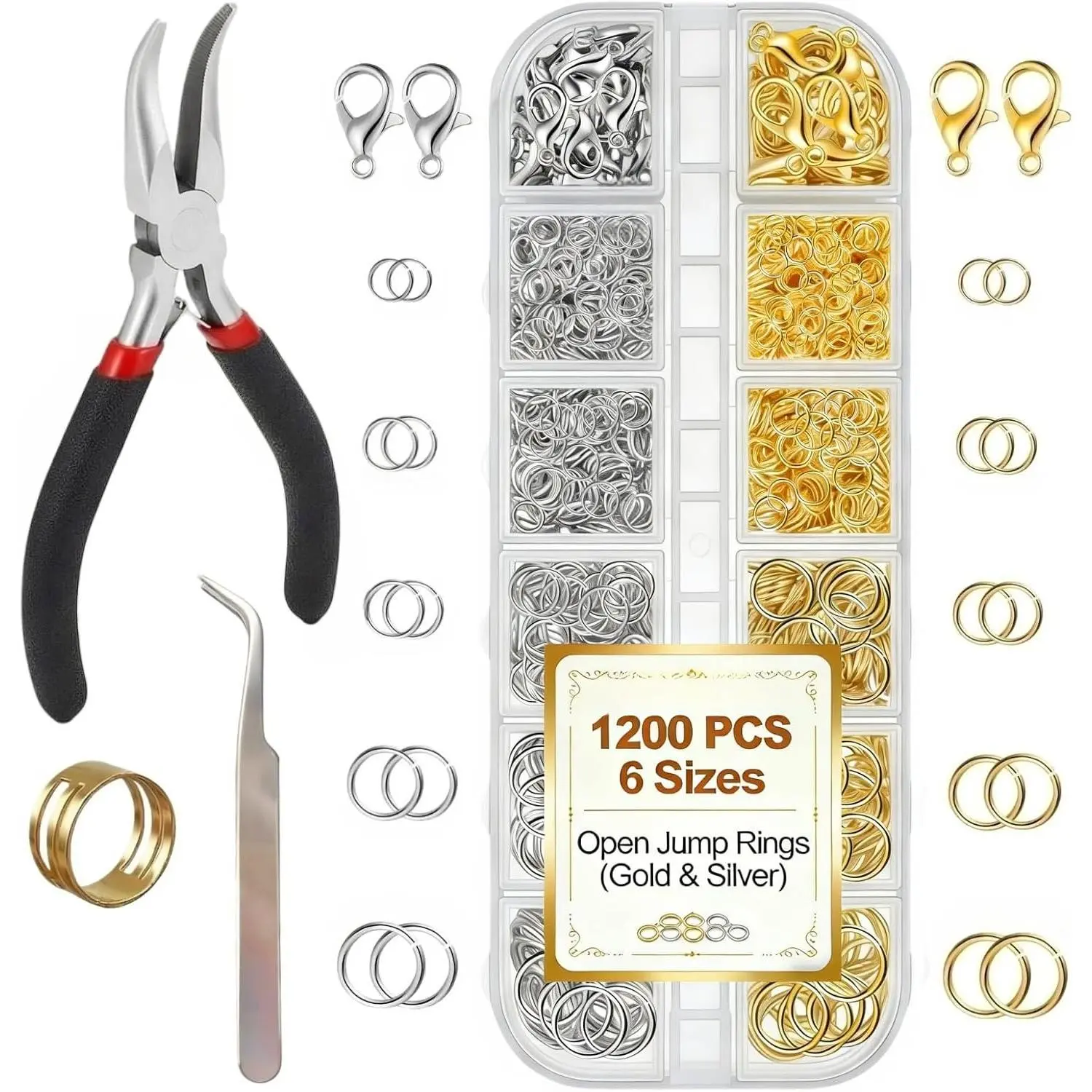 1200 count   Small Open Jump Rings  Making Supplies |  Repair Kit Tools with Pliers, Jump Ring Opener, Jump Rings & Lobster Clasps for Fixing Necklaces, Bracelets & Charms