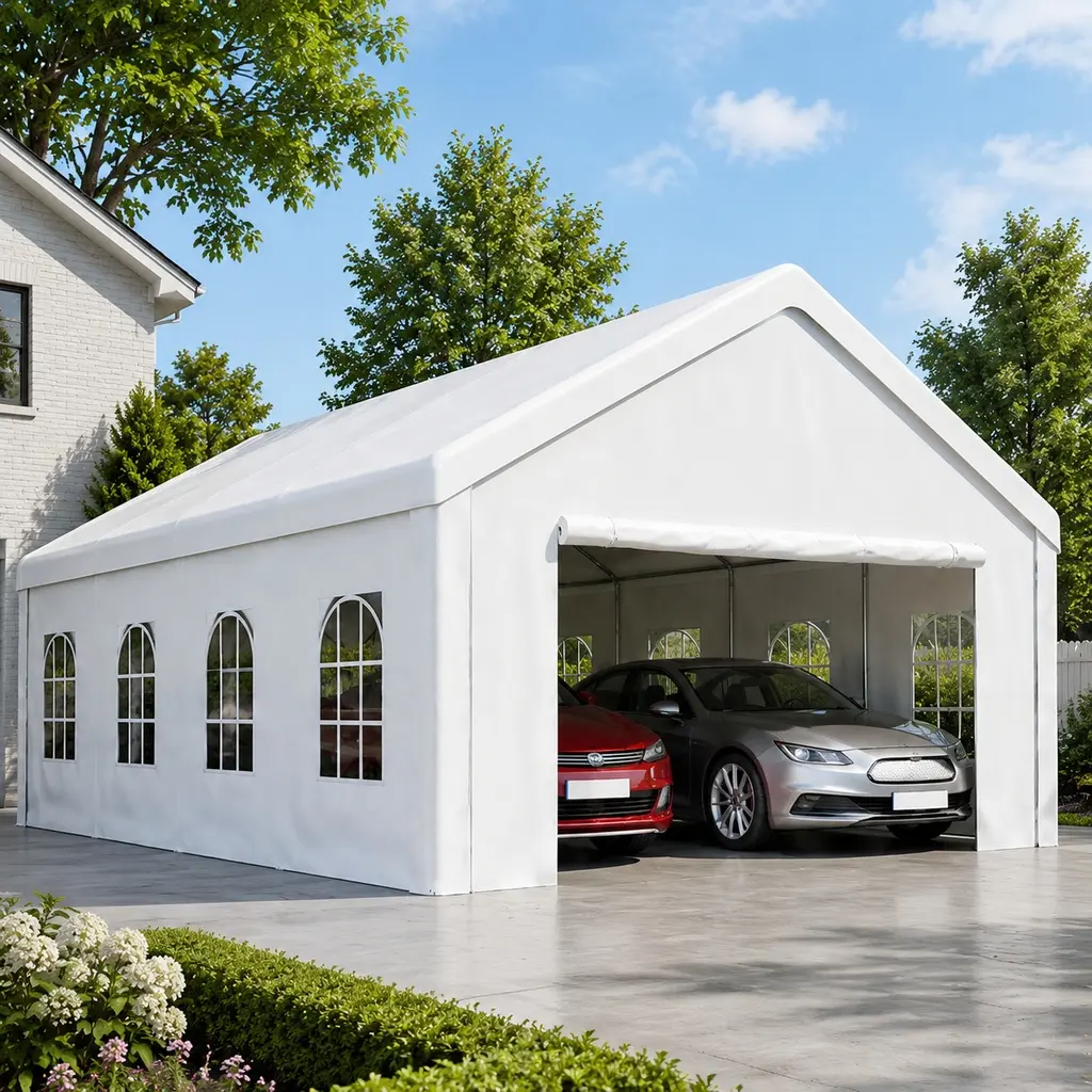Heavy Duty Carport Canopy 16x32 ft Portable Metal Garage with Removable Waterproof Cover and Sidewalls, All-Weather Shelter for Cars Trucks Vehicles Equipment, White Steel Frame