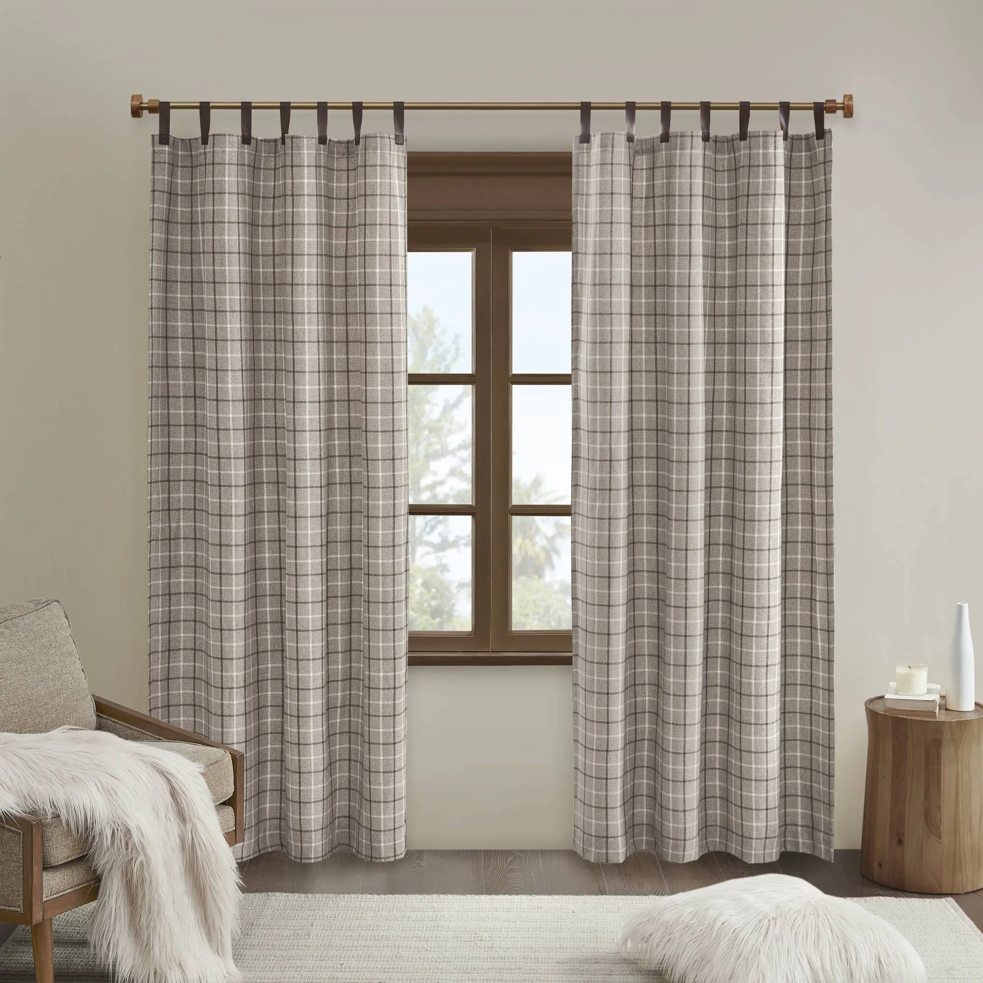 Nokaa 50x108 Inch Plaid Faux upholstered Tab Top Curtain Panel with Fleece Lining, Brown, Thermal Insulated Window Drape for Living Room Bedroom, Light Blocking Rustic Farmhouse Decor, 1 Piece