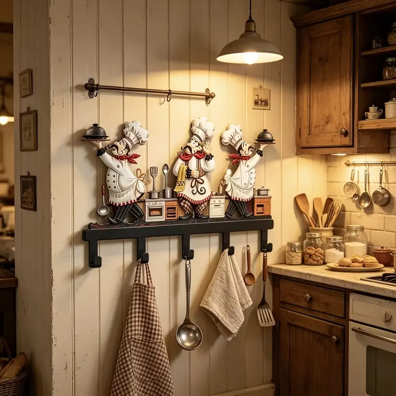 Cute Chef Statue Kitchen Wall Hook Rack, Kitchen Utensil Hook, Kitchen Towel Hook. Rustic Metal Decorative Hook With 5 Hooks, Farmhouse Kitchen Apron, Spoon, Towel, Pot Rack Hook, Vintage Bistro Cooking-Themed Kitchen Wall Decoration