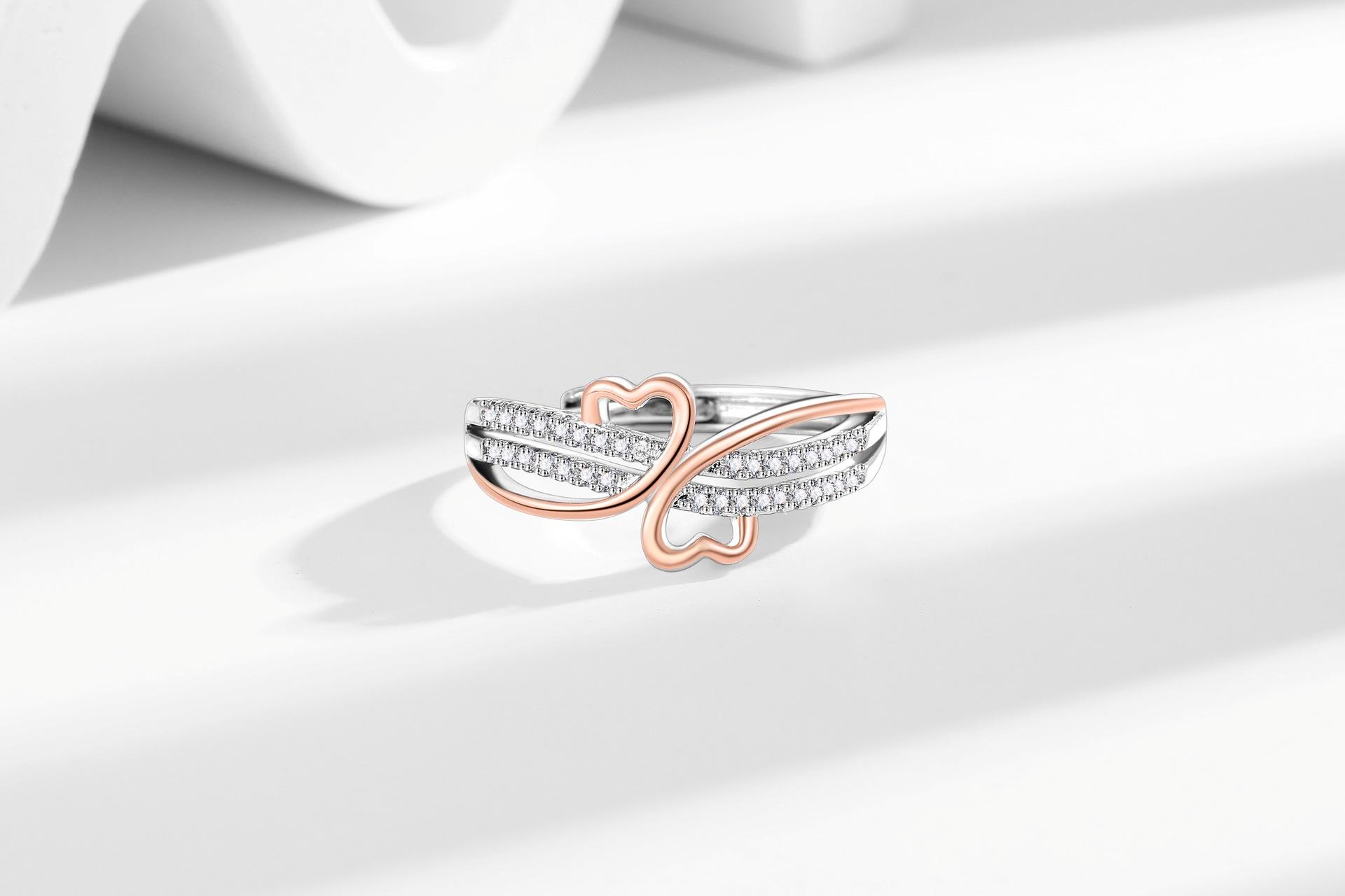 Two-Tone Rose Golden Double Heart Ring For Women Inlaid With Zircon Simple Wave Dainty Ring Band Adjustable Open Unique Stacking Rings Two-Tone Rose Golden Double Heart Ring For Women Inlaid With Zircon Simple Wave Dainty Ring Band Adjustable Open Unique Stacking Rings