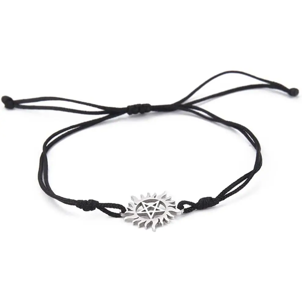 Pentagram Sun Bracelet For Women & Men Stainless Steel Hollow Out Supernatural Double Rope Bracelet Charms Wicca  Gifts