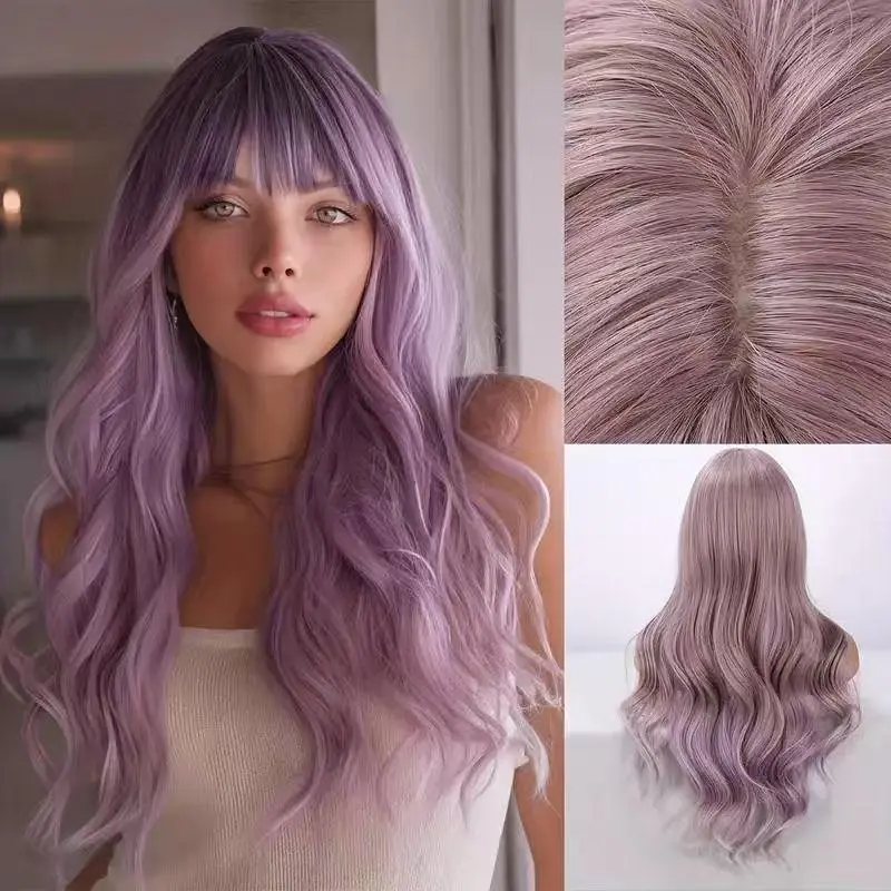Women's 24-Inch Pastel Lavender Purple Wavy Bangs Synthetic Full Machine Wig, Long Heat-Resistant Fiber Hair with Realistic Scalp Top, Ideal for Cosplay, Daily Fashion, Bangs Synthetic Full Machine Wigs