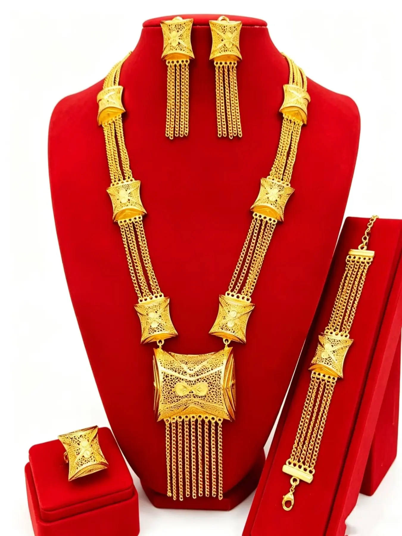 Elegant Floral Jewelry Set, Long Pendant Necklace, Bracelet, Earrings, Ring, Perfect for Weddings, Birthdays, Daily Wear